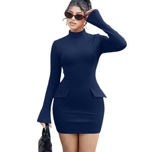 Canal bonne qualité 2025 automne décontracté femmes élégant évasé à manches longues faux col roulé moulante Cocktail fête Mini robe - Product Image 1