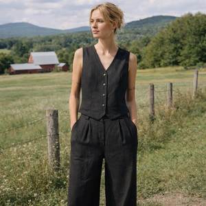 Fornitore di Alta Qualità di <span class=keywords><strong>Abbigliamento</strong></span> e Completi da <span class=keywords><strong>Donna</strong></span>, Personalizzazione di Eleganti Completi Classici in Lino Nero per Signore Raffinate - Product Image 2