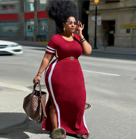 Robe longue fendue à col rond pour femme, grande taille, unie et à rayures, avec empiècements