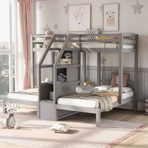 Literas para niños, muebles de dormitorio, almacenamiento moderno para niños pequeños, litera triple de madera para niños - Product Image 2