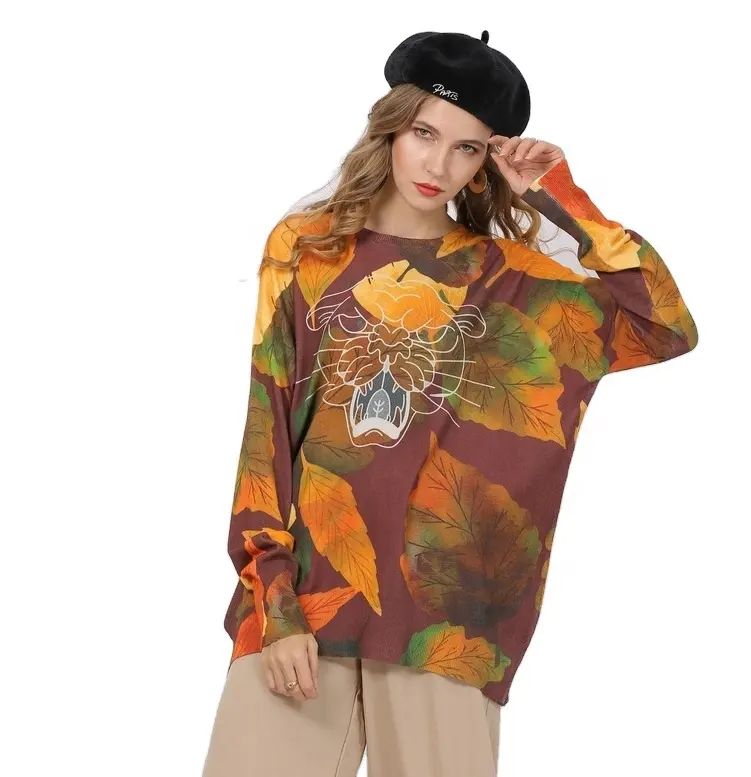 女性2023ボトムシャツシンプルなファッションメープルリーフ背景タイガープリントセーター