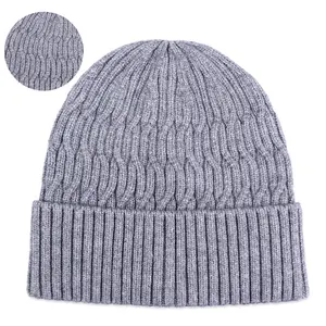 Qianzun factory supplier grey solid color winter cuff skully custom label logo 100% acrylic knit weave beanie hat