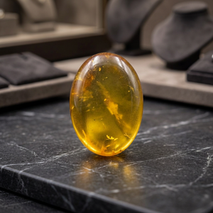 พลอยอำพันบอลติกธรรมชาติทรงคาโบชอง - INDIA GEMS พลอยคุณภาพสูงรับรองโดยบุคคลที่สาม รูปทรงวงรีสำหรับทำเครื่องประดับ พลอยอำพันสีเหลือง - Product Image 1