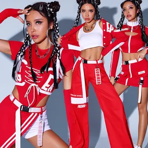 Женский костюм для команды, Новый сексуальный красный костюм для уличных танцев в стиле хип-хоп, костюм для корейского танца, джазового танца