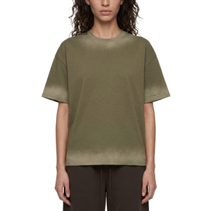 Camiseta Oversize de Cuello Redondo para Mujer, Verde Oliva, 100% Algodón, Corte Holgado, Manga Corta, Color Sólido, Lavado Ácido, Ribete en Contraste - Product Image 1