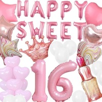 Kit de ballons pour 16e anniversaire, rose doré, lettres Happy Sweet, couronne, rouge à lèvres, ballons en feuille d'aluminium et en latex en forme de cœur, pour la décoration du 16e anniversaire