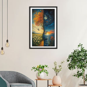 Impresión en Lienzo de Doble Paisaje Día y Noche, Sol y Luna, Otoño y Primavera, Mariposas, Flores, Océano, Atardecer, Fantasía, Naturaleza, <span class=keywords><strong>Arte</strong></span> Digital - Product Image 2