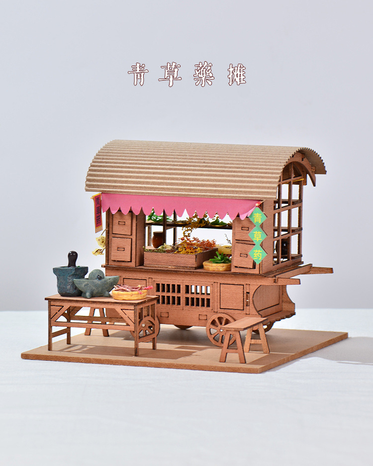 DIY Ancient Chinese Herbal Medicine Cart Miniature Model, Traditional Chinese Medicine Stall Diorama Kit