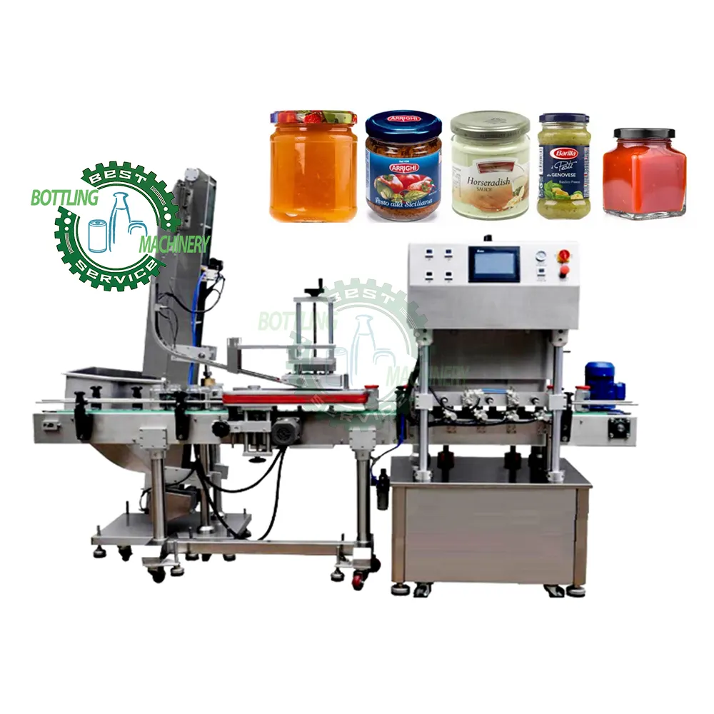 Automatische Hoogte Verstelbare Chili Voedsel Sojasaus Fles Jar Lug Tin Cap Cover Schroef Vacuüm Sealer Machine Met Cap Feeder