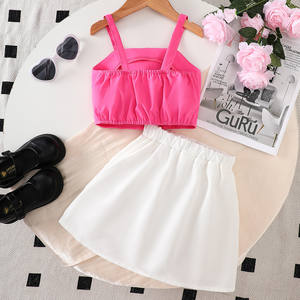 Ensemble <span class=keywords><strong>de</strong></span> vêtements d'été 2026 pour fillette : Haut court rose à grandes fleurs et <span class=keywords><strong>perles</strong></span> + Jupe blanche – Tenue adorable - Product Image 3