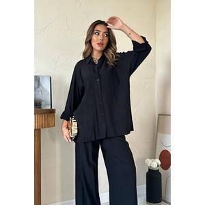 Conjunto de Camisa Negra de Crepé y Pantalones Anchos Alice para Mujer, Atuendo Casual de Manga Larga, Transpirable y a la Moda - Product Image 2
