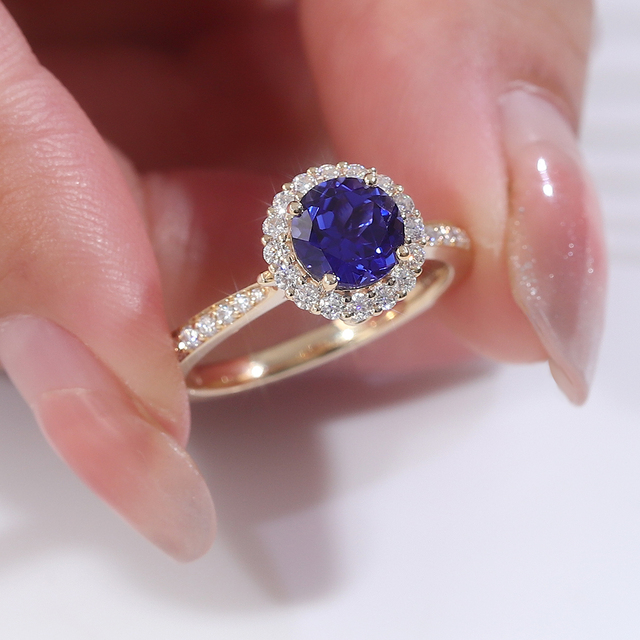 1.2ct Blue Color Lab Grown Gemstone Rings 18K 14K 10K Solid Yellow Gold Customized Engagement Fine Jewelry Rings for Women