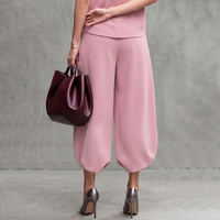 Ensemble décontracté 2 pièces pour femme - Pantalon plissé taille haute avec poches + Haut uni à manches courtes et col rond ample