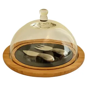 Commercio all'ingrosso della fabbrica torta che serve decorativo rotondo organico di bambù tavola di formaggio ardesia con cupola di vetro