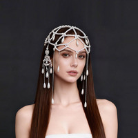 Chaîne de tête de mariée faite à la main avec perles et pompons, coiffe féerique perlée en filet, bijou de cheveux pour femme pour mariage et fête