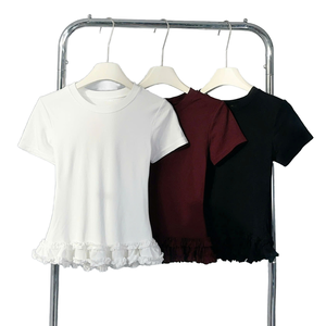 Camiseta de Mujer de Lona Informal, Transpirable, a la Moda, Nueva de Primavera, de Corte Regular, con Cuello Redondo y Encaje, al por Mayor - Product Image 4