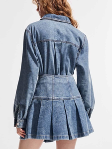 OEM ODM <span class=keywords><strong>Mini</strong></span> <span class=keywords><strong>jupe</strong></span> en jean plissée taille haute pour femmes, ligne A, taille haute, boutons à une rangée, brodés, style décontracté, taille fine - Product Image 5