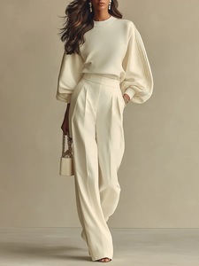 <span class=keywords><strong>Ensemble</strong></span> 2 pièces pour <span class=keywords><strong>femme</strong></span>, haut en tricot à manches lanternes blanc crème, pantalon à taille haute et jambes larges, <span class=keywords><strong>ensemble</strong></span> élégant et décontracté - Product Image 6