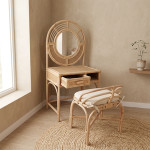 Ensemble coiffeuse et chaise en rotin pour filles, miroir de maquillage rond, meubles pour enfants, vente en gros à faible quantité - Product Image 2