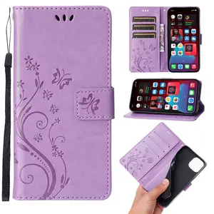 Casing ponsel kulit dompet kupu-kupu bunga, untuk iPhone 15 pro max penutup belakang ponsel untuk iPhone 14 LM046
