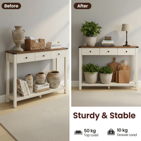 Table console de style farmhouse en MDF pour salon, couloir, table d'appoint, table de canapé, étagère ouverte, 3 tiroirs, table de couloir