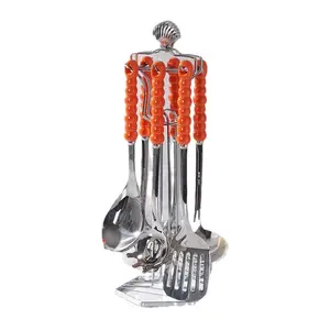 Nouveau Offre Spéciale 7 pièces outils de cuisson en acier inoxydable ensemble d'ustensiles en argent avec support poignée en céramique perle pour la cuisine
