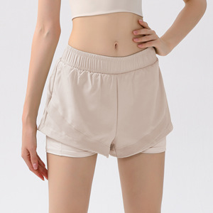 Shorts de course 2-en-1 pour femmes, taille haute élastique, couleur unie, avec poches latérales, anti-transparence, séchage rapide, respirant, pour l'entraînement (vente en gros) - Product Image 5