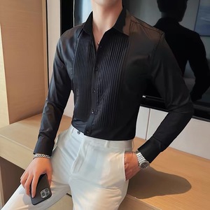 Nuova <span class=keywords><strong>camicia</strong></span> da <span class=keywords><strong>uomo</strong></span> a maniche lunghe alla moda abito plissettato alla moda alla moda Slim Fit leviga la Silhouette per le prestazioni del pranzo di nozze - Product Image 3