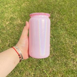 Bouteille en verre holographique 15oz 16oz blanc scintillant avec couvercle en plastique orné de strass pour sublimation - Product Image 3