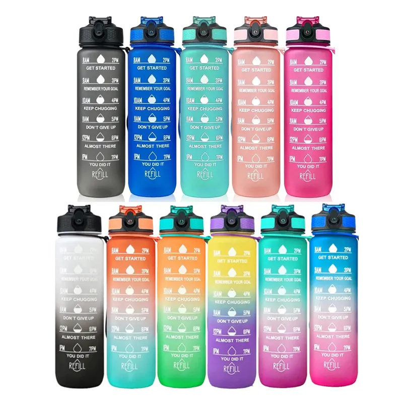 Filtro de paja de plástico personalizado para gimnasio, botella de agua con marcador de tiempo para deportes, 1000ml, 1L, 32 oz, 32 oz, sin BPA, Tritan