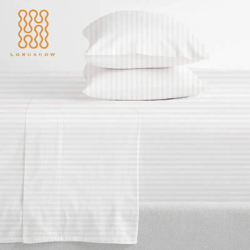 Wholesale luxury white hotel linen 1cm satin stripe 100% cotton bulk bed flat sheets for star hotel bedding