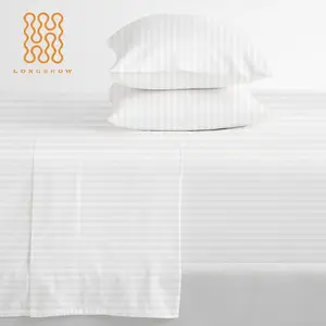 Wholesale luxury white hotel linen 1cm satin stripe 100% cotton bulk bed flat sheets for star hotel bedding