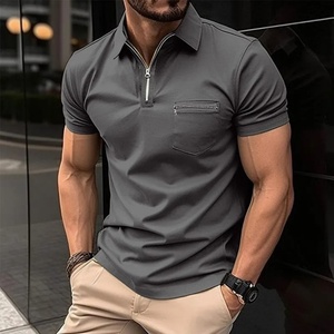 Summer Men Solid Color Short Sleeve Turn-Down <b>Collar</b> Knitted Breathable Casual Half-Zipper for <b>Shirt</b> - Product Image 1