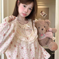 Ensemble de pyjama pour femmes, imprimé floral ours mignon, manches longues, dentelle à volants, gaze de coton douce, vêtements de maison amples, tenue de nuit douce pour femmes