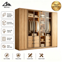 Armoire en bois avec porte vitrée, éclairage LED, tiroir, tringle de suspension et grand espace de rangement pour chambre à coucher