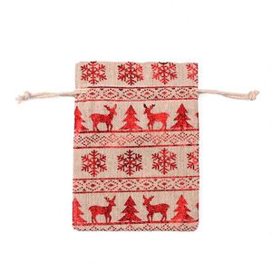 Sac de Noël en chanvre avec poignée en corde et impression dorée, sac à bonbons de Noël en coton et lin avec cordon de serrage, pochette cadeau festive - Product Image 2