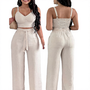 Ensemble de deux pièces décontractées pour femmes de haute qualité, coupe régulière, écologique, anti-boulochage, tendance, haut court plissé, tissé, large - Product Image 4