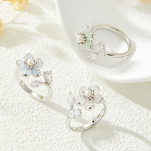 <b>Crystal</b> Flower Open <b>Ring</b> Adjustable Index Finger <b>Ring</b> With Pearl And Clear Stones Everyday Wear Jewelry - Product Image 4
