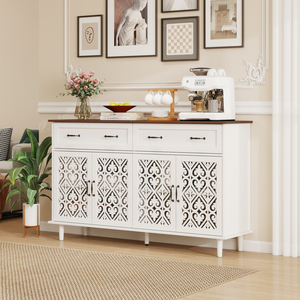 Vintage Sideboard Buffet Cabinet Hand Carved Geometric Doors 2 <b>Drawers</b> Light Wood Finish Contrast Design - Product Image 3