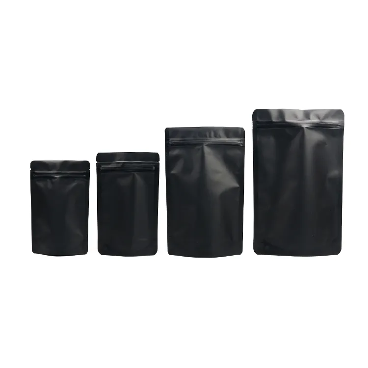 ถุง doypack Mylar สีดำสำหรับวางอาหารมีซิปล็อคสีดำด้านออกแบบได้ตามที่ต้องการ