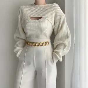 Grosir Sweter Wanita Warna Polos 2 Potong, Sweater Kasual Elegan Lengan Panjang + Rompi Rajut + Baju Kerja