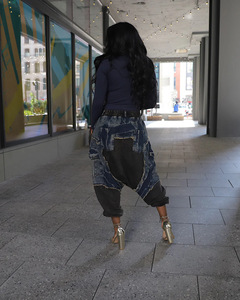 Nouveau pantalon en jean ample pour femme avec ceinture élastique et patchwork, tendance - Product Image 4