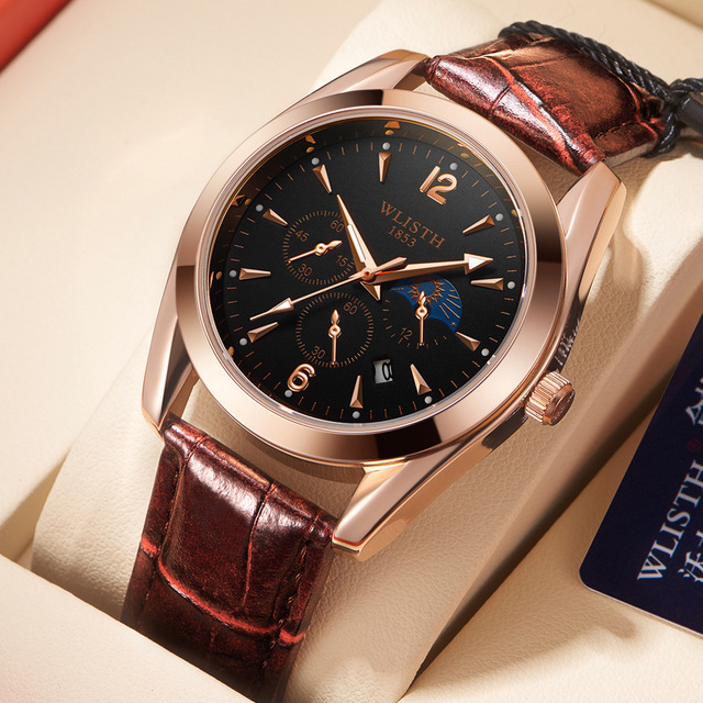 Wlisth 6151 Male's Watch Luminous Hands Decoration Moon Phase Calendar Display Business Elegant Luxury Man Quartz Wrist Watches