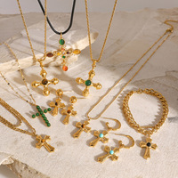 Kalung Liontin Batu Alam Zirkon Salib Fashion Wanita Terlaris, Lapis Emas 18K, Rantai Kabel Tipis Baja Tahan Karat 316L