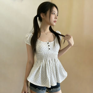 Blusa de Verano para Mujer, Linda, Ecológica, Transpirable, Casual, con Estampado de Lunares, Cintura Alta, Corte en A, Manga Corta, Estiliza la Figura - Product Image 3