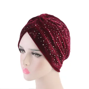 Headdress wholesale new headscarf wholesale gold velvet hot drill hijab turban hat cross folds sleeping hat Arab Indian hat