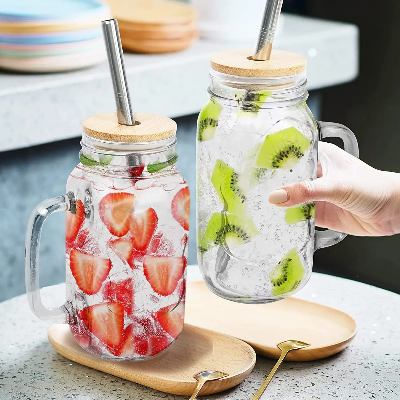 Bán buôn 24oz uống Glass Mason lọ cốc với thép không gỉ rơm nắp và xử lý