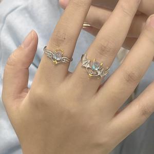 2 pz/set Angel and Demon Moonstone Ring coppia Promise Bat Angel Wing Knuckle Ring Set anelli per dito regolabili per donna uomo - Product Image 2