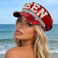 Chapeau de capitaine de luxe en peluche rouge à sequins et perles, personnalisé, unisexe, pour l'extérieur, idéal pour les fêtes, vente en gros, 3 MOQ
