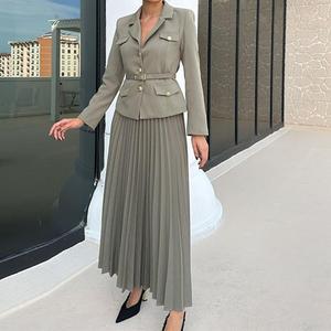 Mode <span class=keywords><strong>Set</strong></span> Dames Lange Mouw Nieuwe Effen Kleur Revers <span class=keywords><strong>Blazer</strong></span> Geplooide Rok 2-delig <span class=keywords><strong>Set</strong></span> - Product Image 3